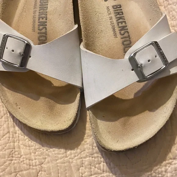Birkenstock White Single Strap Slide Sandals with Silver Buckle - Picture 2 of 2